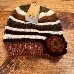 Prana Multicolor Knit Beanie with Flower Accent